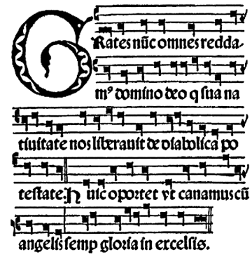 Die Sequenz "Grates nunc omnes" im venezianischen von Lucantonio Giunta herausgegebenen Graduale von 1527 aus der Bibliothek des Konservatoriums "Giuseppe Tartini" in Triest